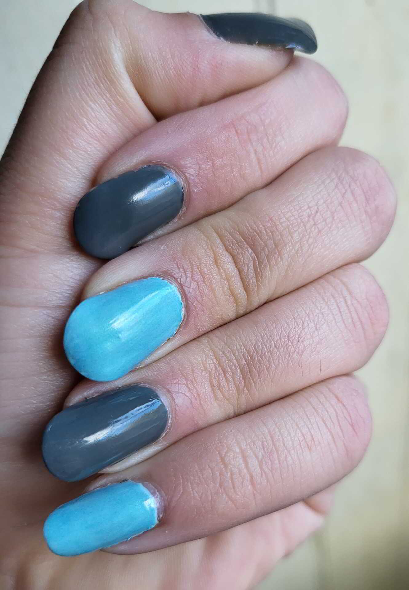 Nail polish manicure of shade OPI Suzi Talks with Her Hands, OPI Suzi Without a Paddle,OPI Sage Simulation,OPI Top Coat