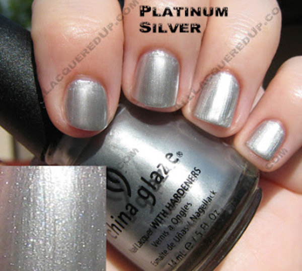 Nail polish swatch / manicure of shade China Glaze Platinum Silver