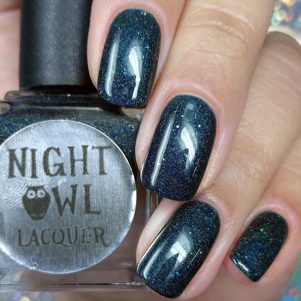 Nail polish swatch / manicure of shade Night Owl Lacquer Shooting Stars