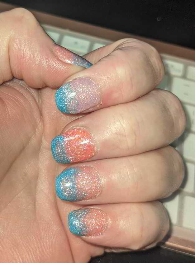 Nail polish manicure of shade Revel Strawberry Daiquiri, Revel Blue Hawaiian,Revel Lavender Lemonade,Revel Illuminate,Rocky Mountain Dip Powder Disco Inferno