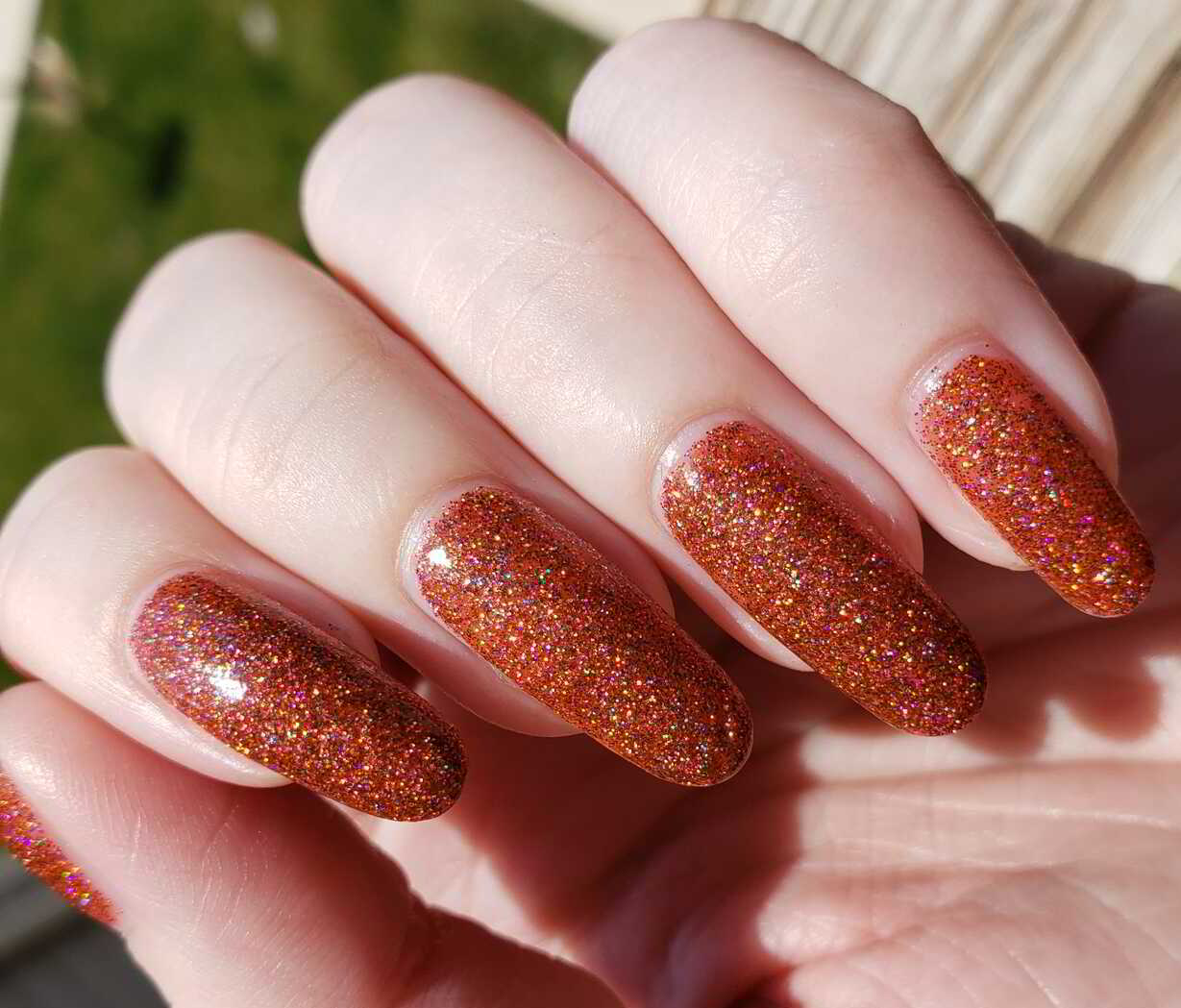 Nail polish manicure of shade Beyond The Nail Lunenburg, Glisten and Glow Glitter Grabber,Orly Bonder,Seche Vite