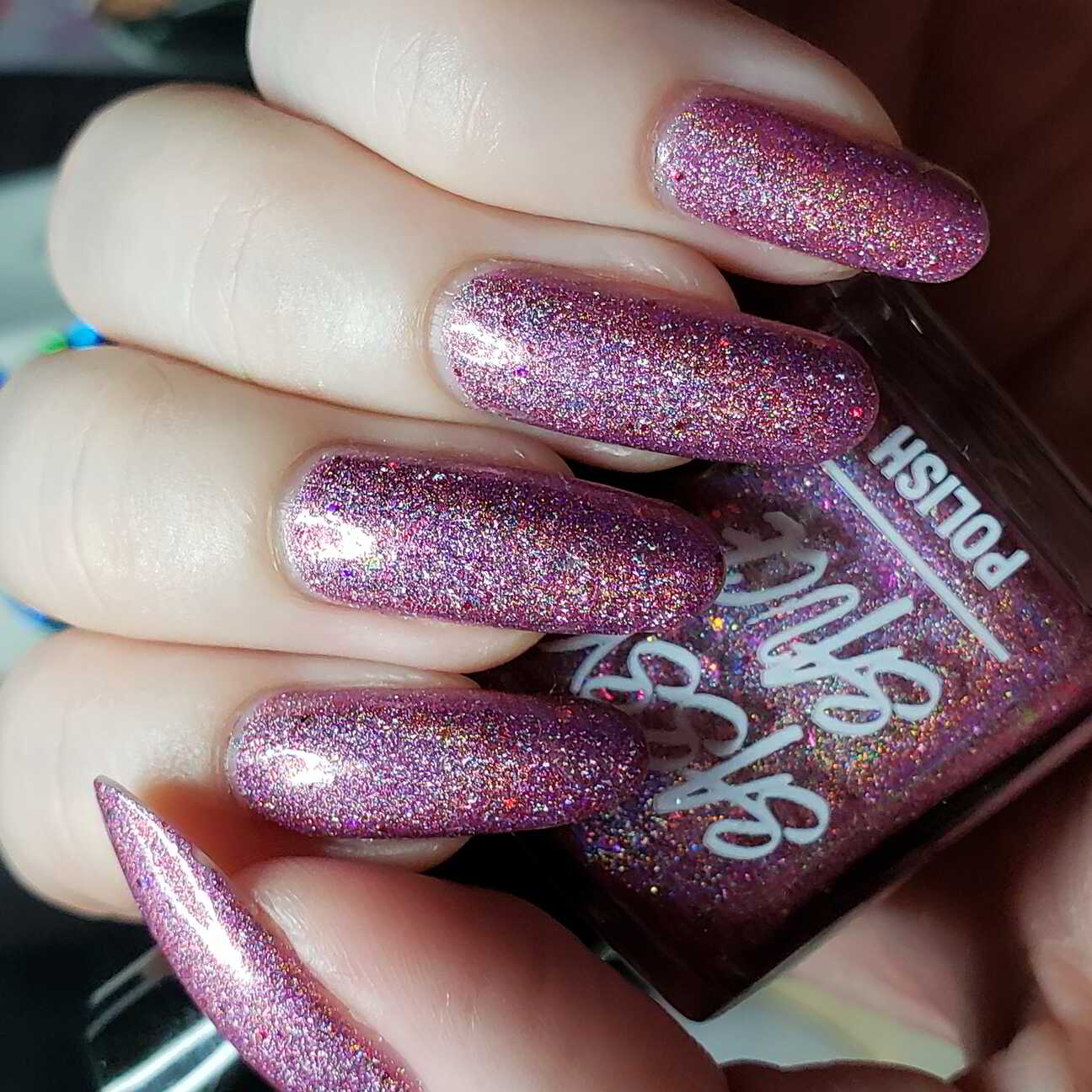 Nail polish manicure of shade Sassy Sauce Polish Who Are You Wearing, Seche Vite,Baby Girl Lacquer Glitter Be Gone
