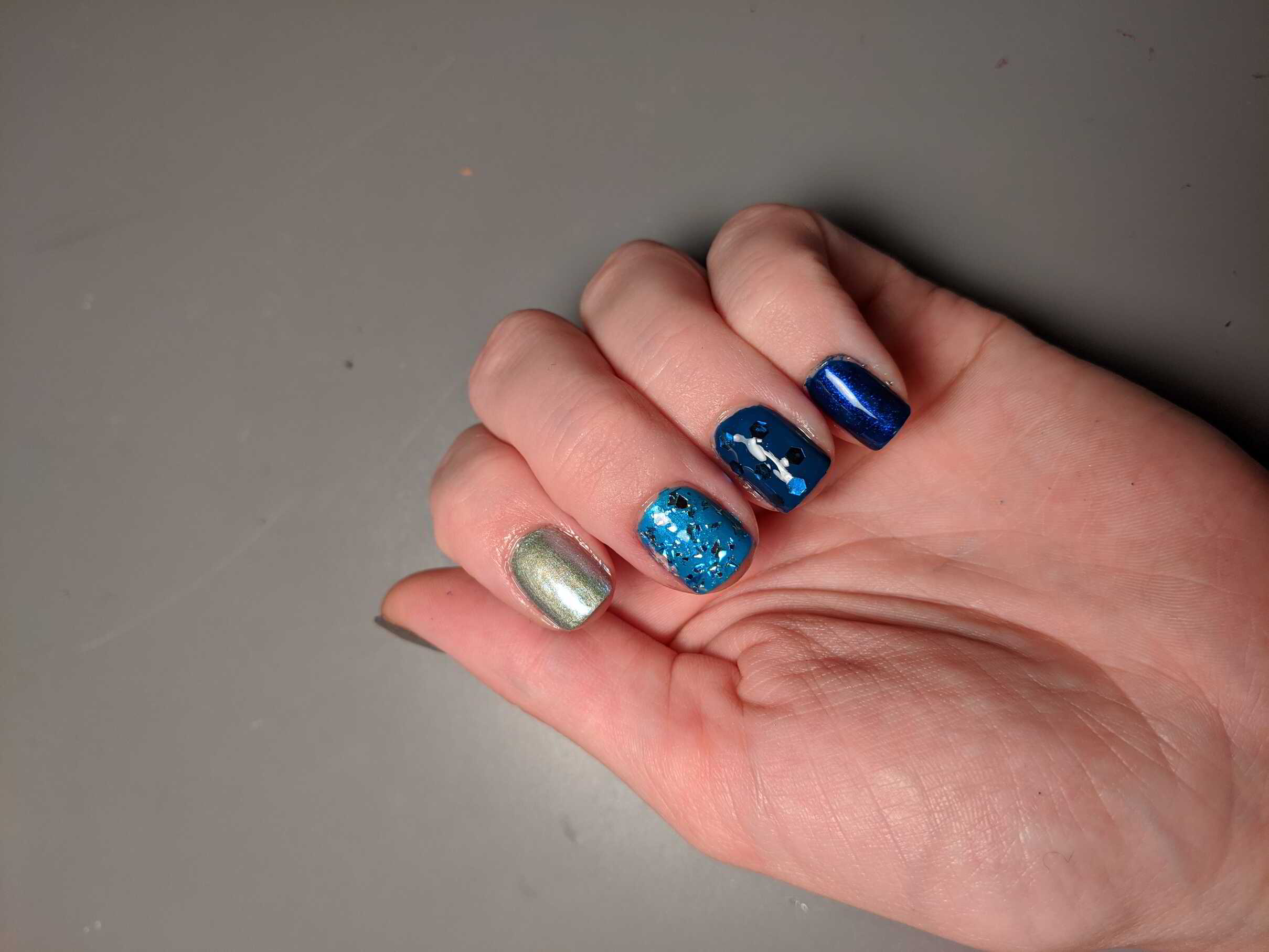 Nail polish manicure of shade OPI Chopstix and Stones, essie Let It Ripple,Sally Hansen Calypso Blue,OPI Keeping Suzi at Bay