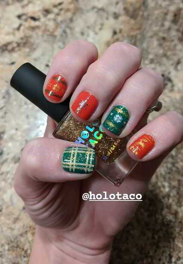 Nail polish manicure of shade Revlon Red Hot Tamale, Revlon Posh,Holo Taco Gold Flake Taco