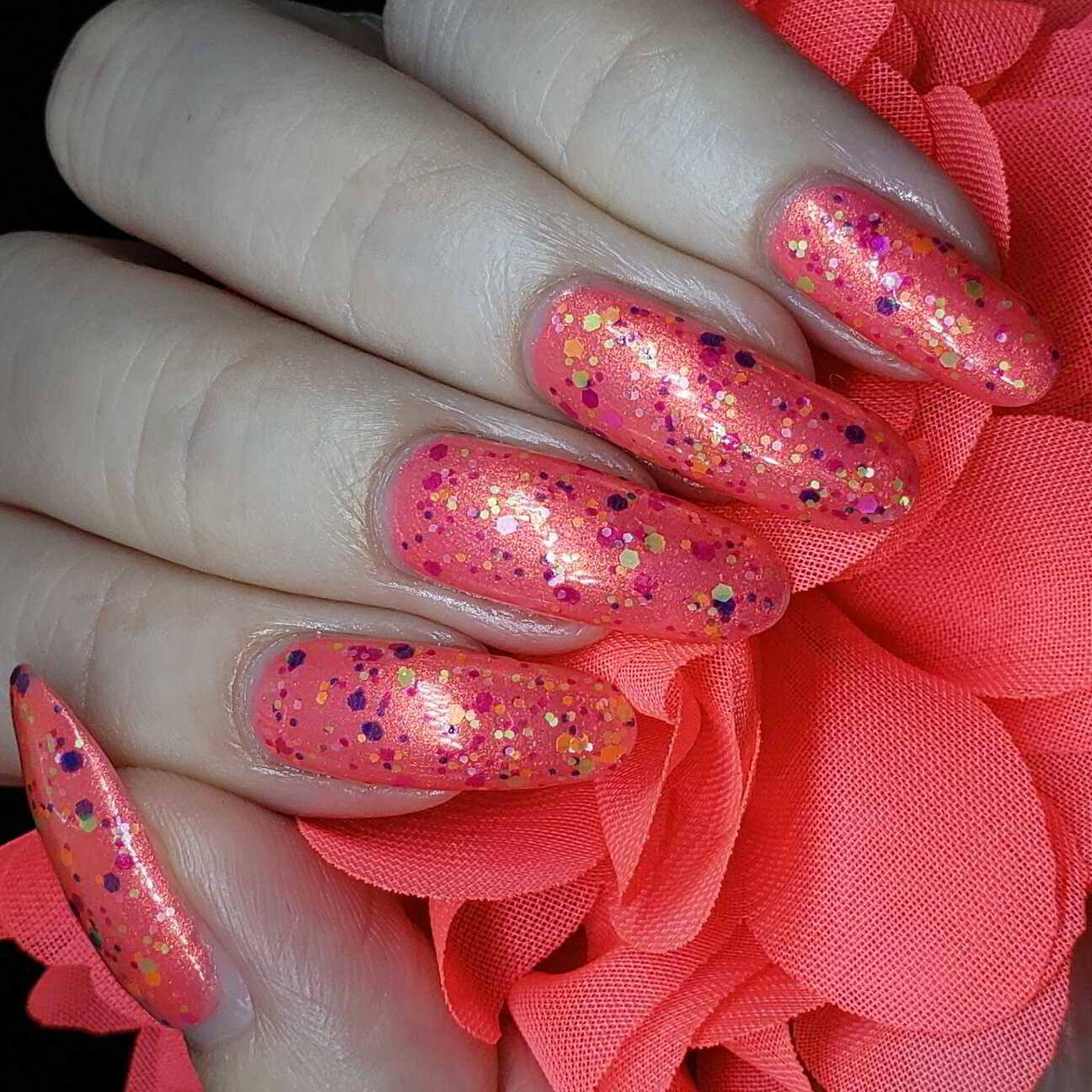 Nail polish manicure of shade China Glaze Point Me to the Party, Alchemy Lacquers Electric Sheep, Glisten and Glow Glitter Grabber, Orly Bonder, Seche Seche Vite, 