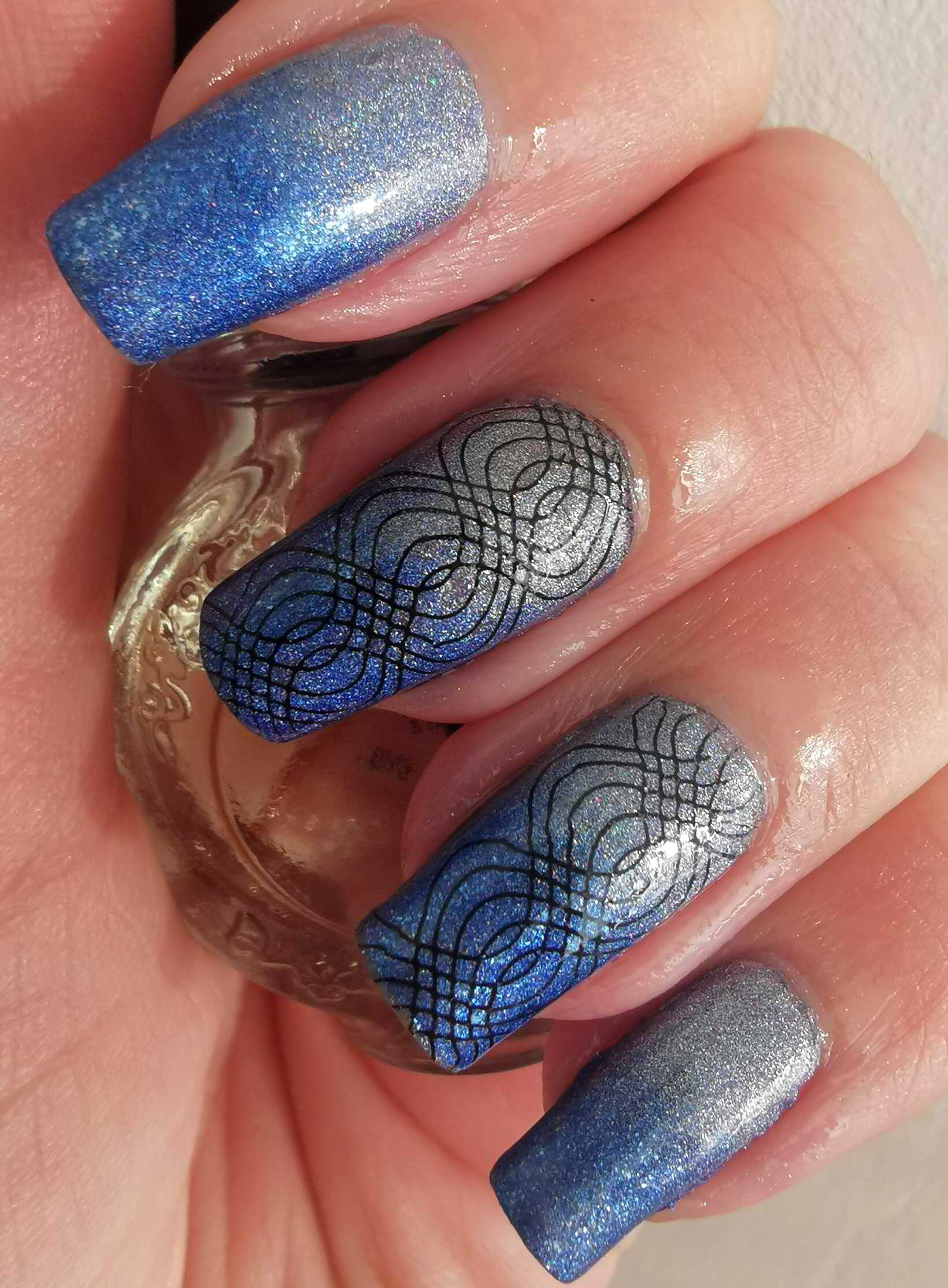 Nail polish manicure of shade Holo Taco Sparkling Water, Color Club Just My Luck,Moyra Spider Gel,Konad Black Stamping Polish