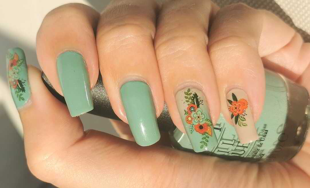 Nail polish manicure of shade OPI Mermaid's Tears, essie Sand Tropez