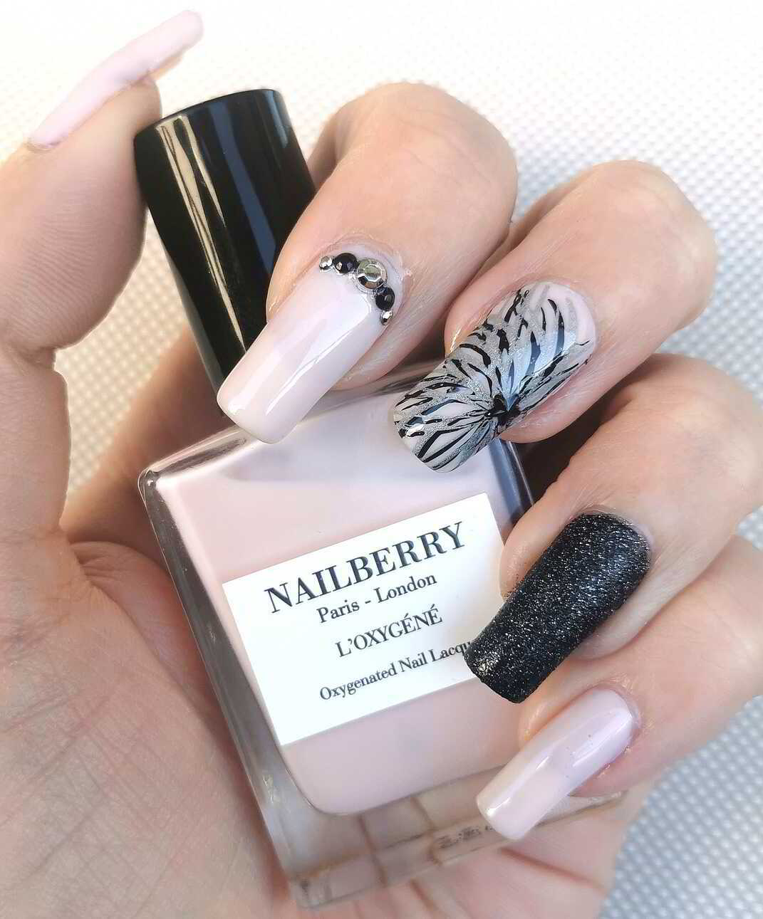 Nail polish manicure of shade Nailberry Candy Floss, IsaDora Black Crush,Konad Black Stamping Polish,Colour Alike Quiet Gray