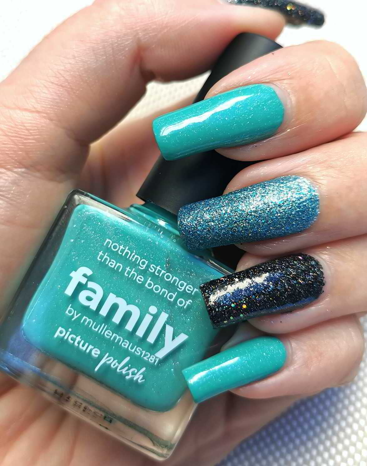 Nail polish manicure of shade piCture pOlish Family, Zoya Bay,Holo Taco Black Holo Wish