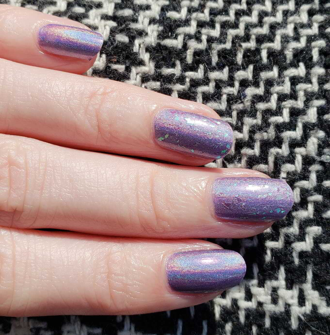 Nail polish manicure of shade China Glaze IDK, Revlon Cosmic Flakies