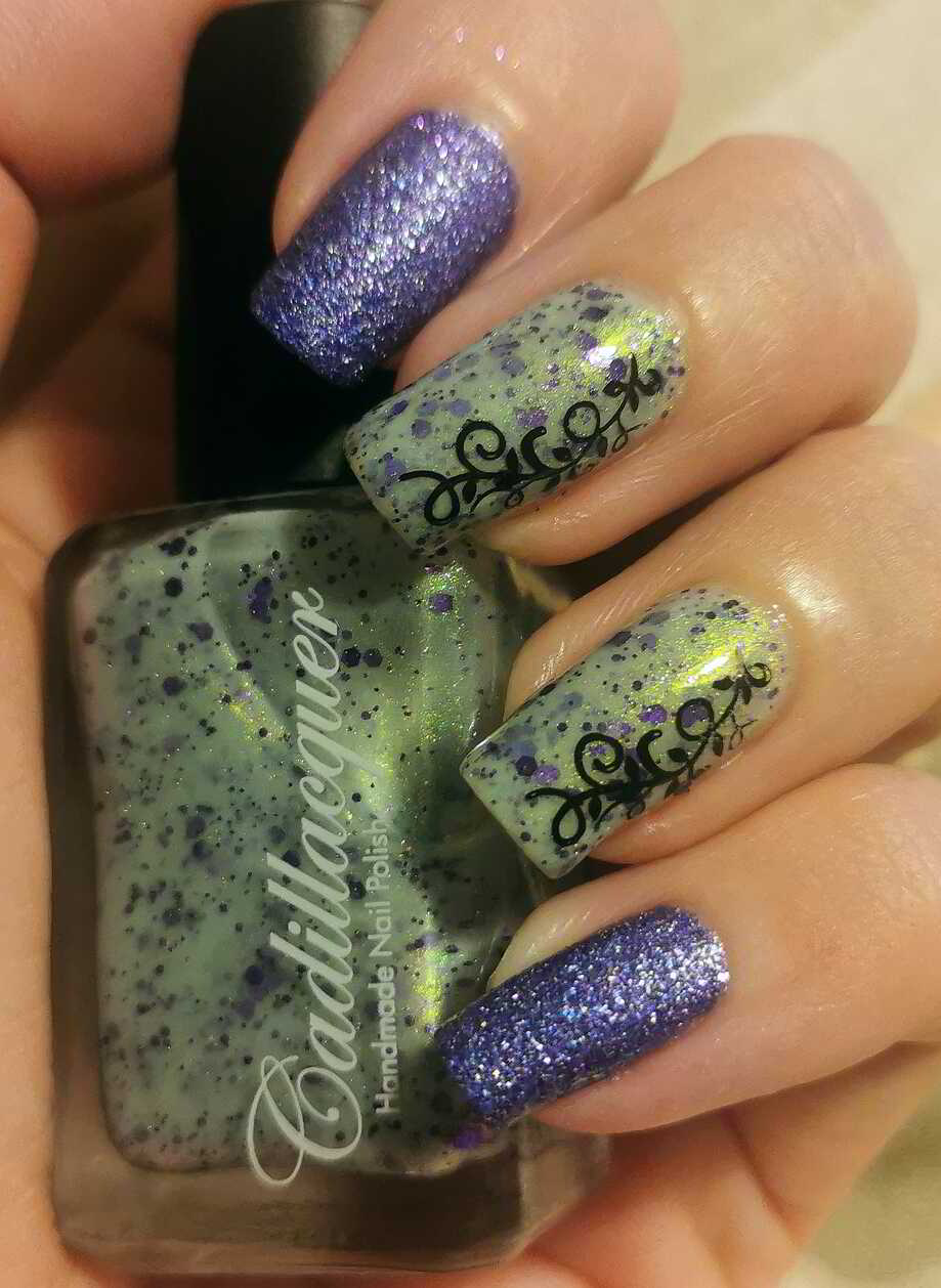 Nail polish manicure of shade Cadillacquer Dec 15, Zoya Alice,Konad Black Stamping Polish