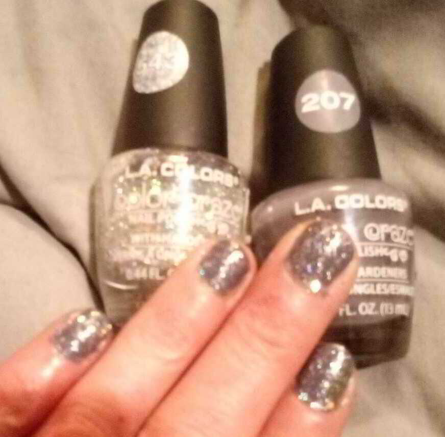 Nail polish manicure of shade L.A. Colors Glitter Bomb, L.A. Colors MOD