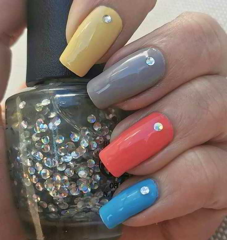 Nail polish manicure of shade OPI I Snow You Love Me, OPI Bee-hind the Scenes, Depend Gray, Depend Coral, Catrice Aqua Man-icure, 