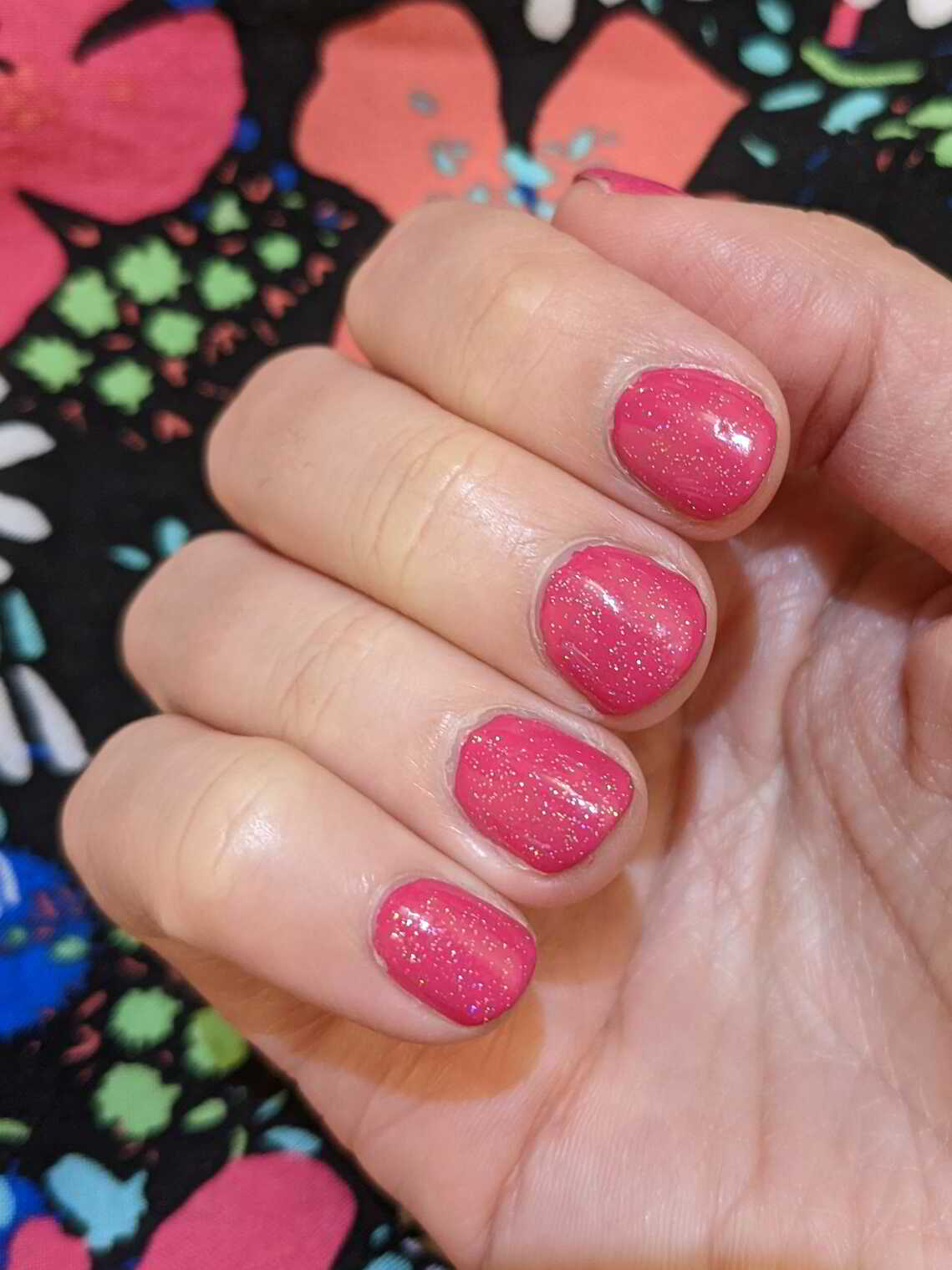 Nail polish manicure of shade OPI Glitter Off, Sally Hansen Fuchsia Power, Holo Taco Scattered Holo Taco, Out The Door Super Fast Drying Top Coat, 