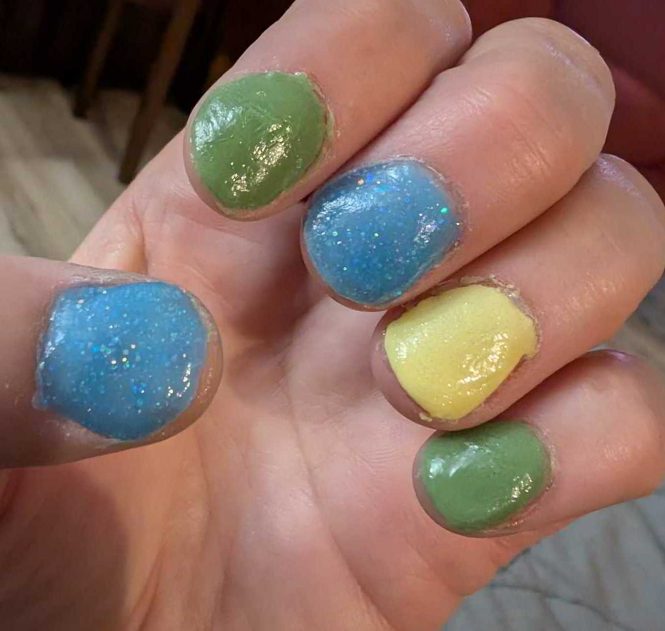 Nail polish manicure of shade Revel Olive Grove, Revel Amalfi Lemon, Revel Trevi Fountain, Revel Vivien, 