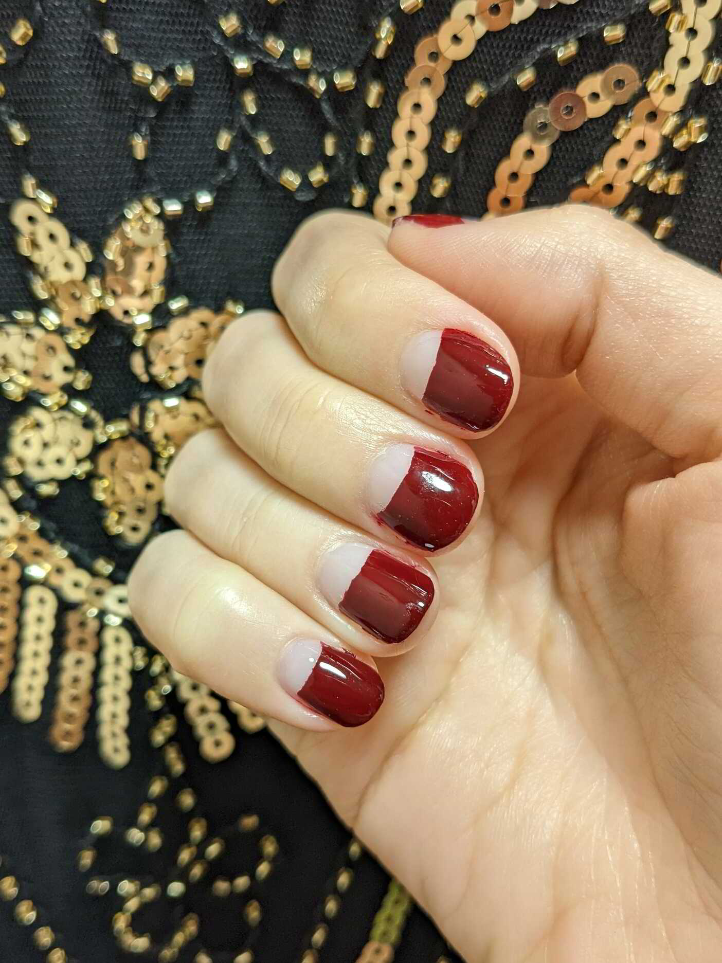 Nail polish manicure of shade OPI Glitter Off, French Nail French Tip (small), Pacifica Red Red Wine, Out The Door Super Fast Drying Top Coat, 