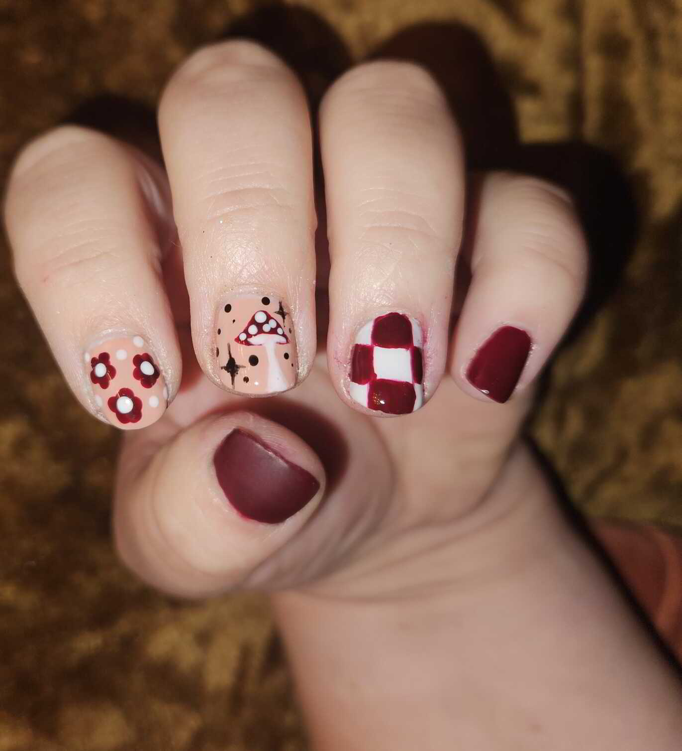Nail polish manicure of shade essie Berry Naughty, Miss Spa Milk Bath,essie Eternal Optimist,Sally Hansen Black to Black,Holo Taco Glossy Taco,Sally Hansen Miracle Gel Matte Top Coat