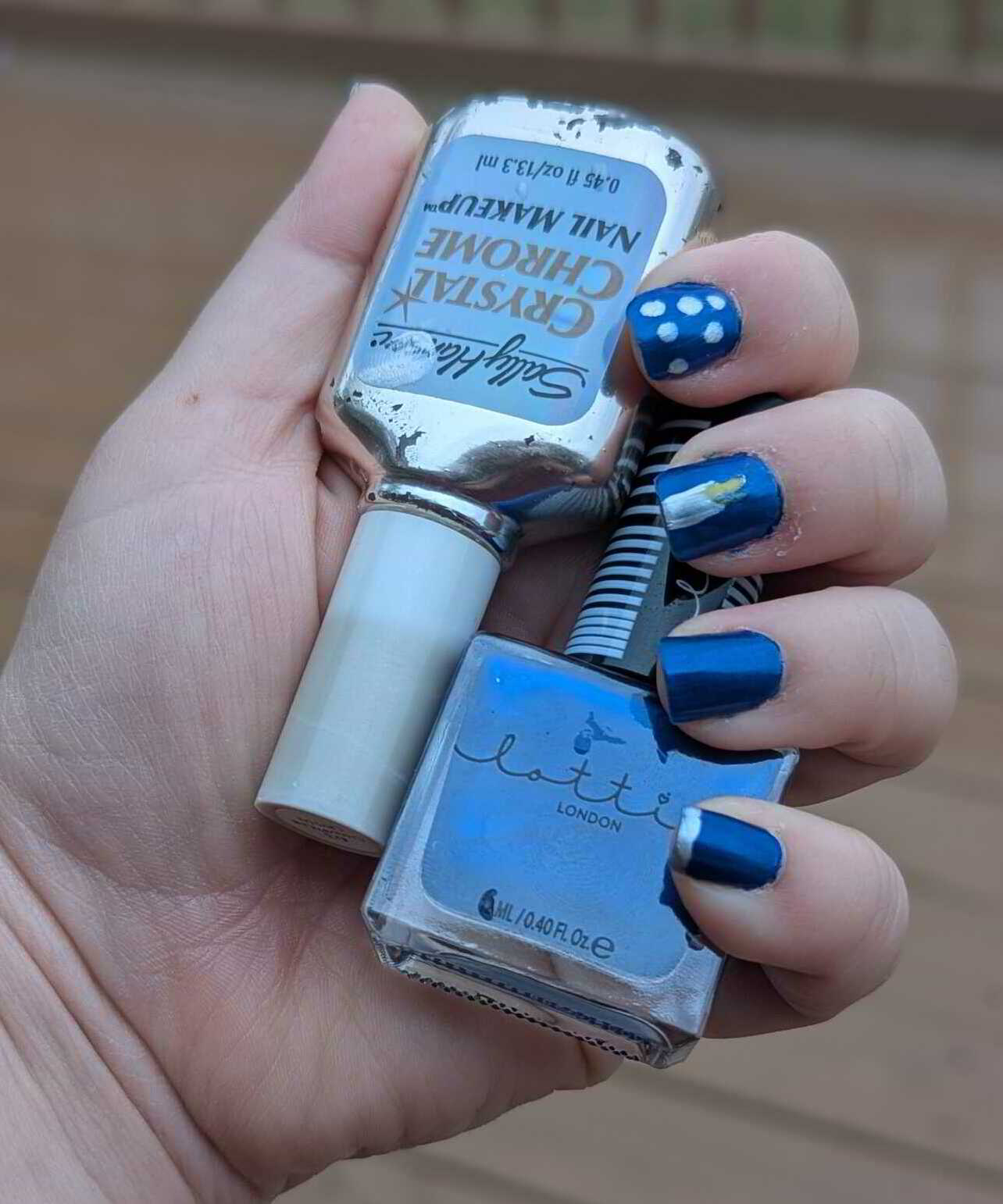 Nail polish manicure of shade Lottie London Riot!, Sally Hansen Champagne Crystal, Sally Hansen Mellow Yellow, 