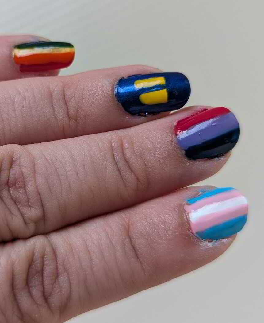 Nail polish manicure of shade Lottie London Riot!, Sinful Colors Bananappeal,Pure Ice Good Karma,NYX Girls Ink Heart,essie Muchi Muchi,essie Blanc,Sally Hansen Insta-Dri Electric Splash,essie To Diy For,China Glaze Holly-Day,wet n wild Eggplant Frost,OPI Top Coat,Nailtopia Daisy Duck