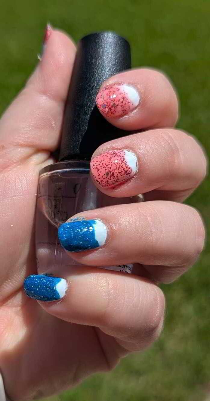 Nail polish manicure of shade L.A. Colors Reign, OPI Get Your Number, essie Blanc, OPI Top Coat, 