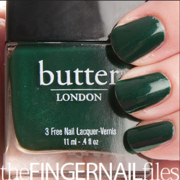Nail polish swatch / manicure of shade butter London British Racing Green