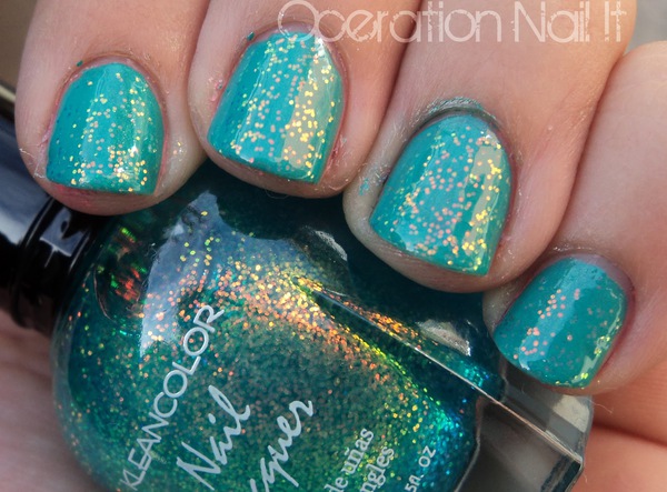 Nail polish swatch / manicure of shade Kleancolor Chunky Holo Teal