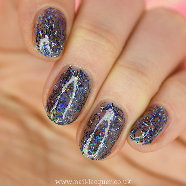 Nail polish swatch / manicure of shade Orly Chunky Black Holo Glitter