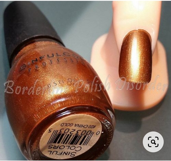 Nail polish swatch / manicure of shade Sinful Colors China Gold