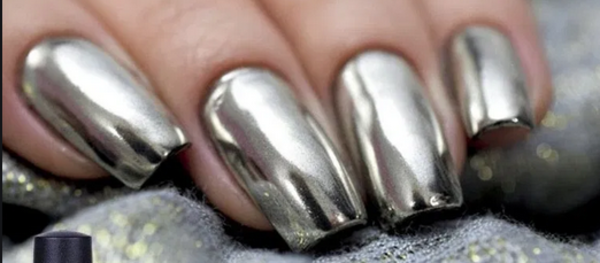 Nail polish swatch / manicure of shade PrettyDiva Silver Chrome Nail Powder