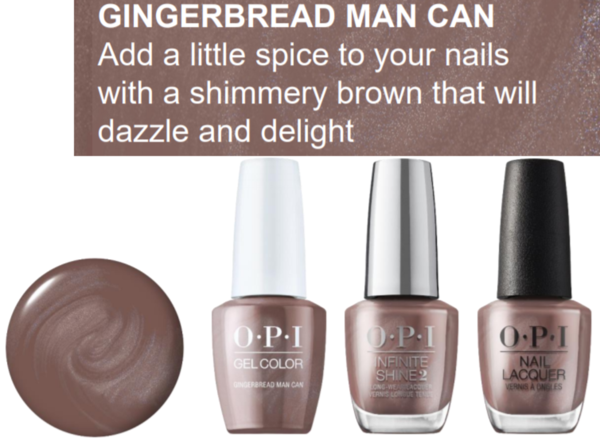 Nail polish swatch / manicure of shade OPI Gingerbread Man Can