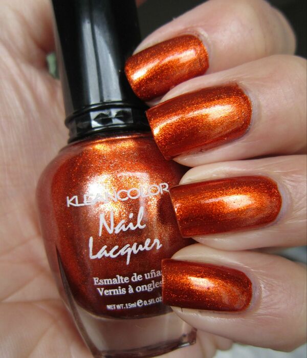 Nail polish swatch / manicure of shade Kleancolor Metallic Orange