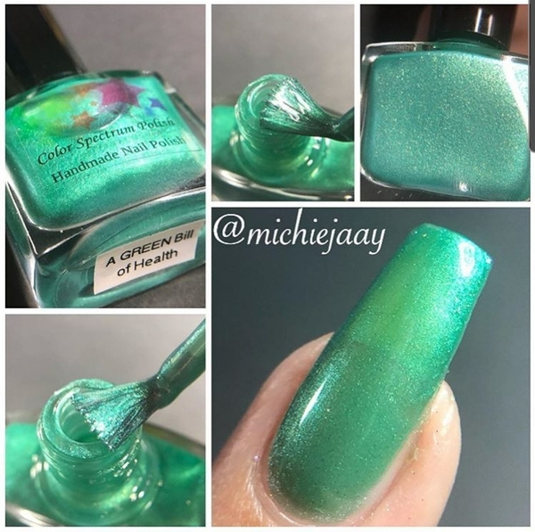 Nail polish swatch / manicure of shade Color Spectrum Polish A GREEN Bill of Health