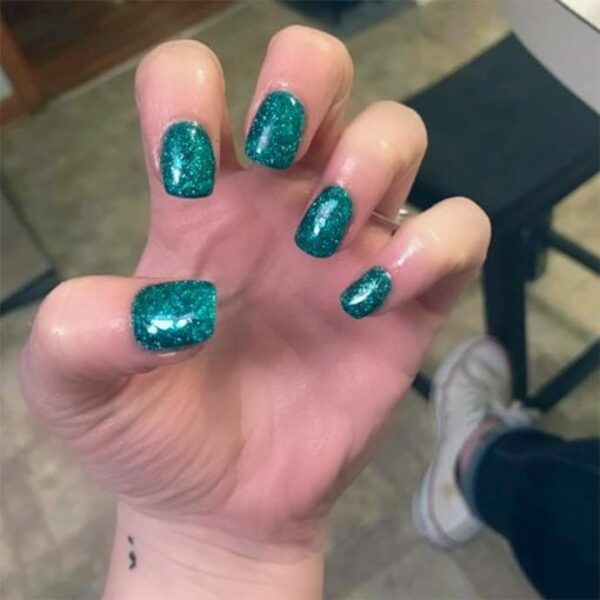 Nail polish swatch / manicure of shade Sparkle and Co. Teals Before Heels