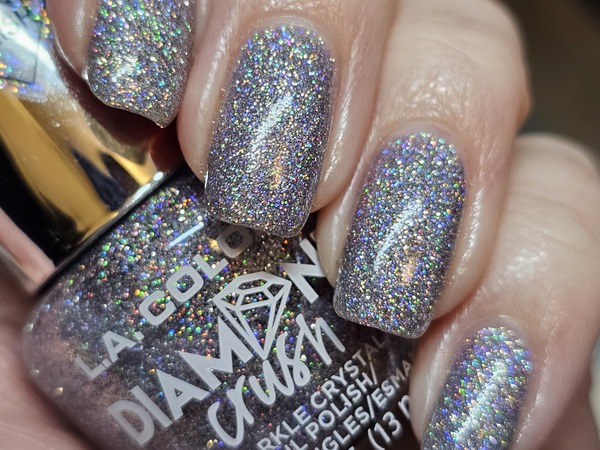 Nail polish swatch / manicure of shade L.A. Colors CNL493 Flashing Lights (silver)