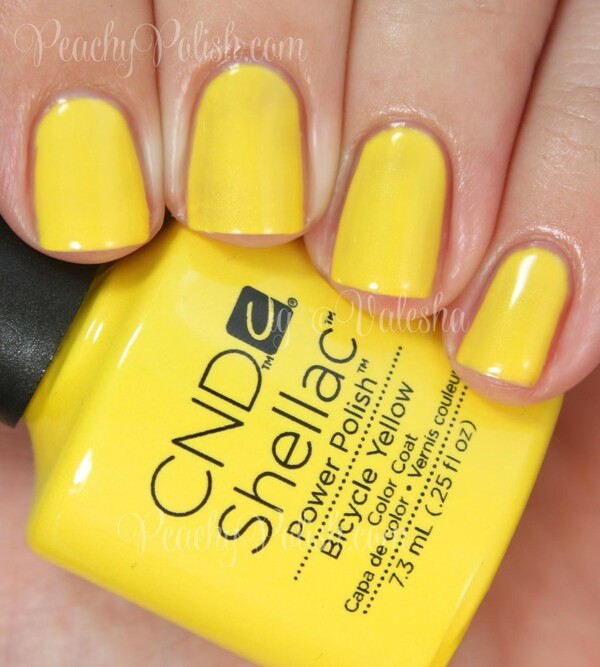 Nail polish swatch / manicure of shade CND Shellac Bicycle Yellow