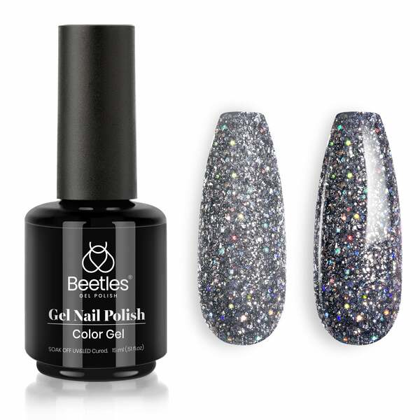 Nail polish swatch / manicure of shade Beetles Sylvia Grey Glitter