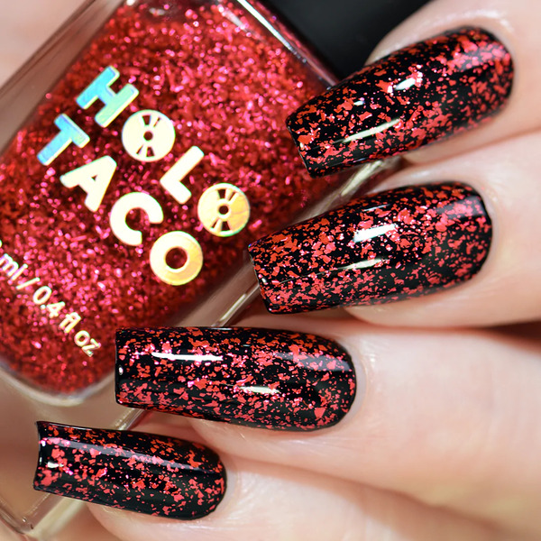 Nail polish swatch / manicure of shade Holo Taco Red Flake Taco