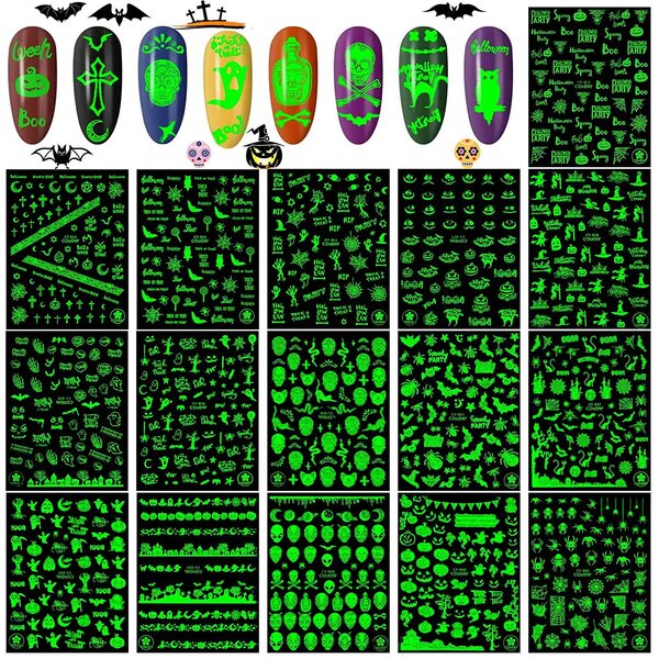 Nail polish swatch / manicure of shade Blulu 16 Sheets Halloween Nail Stickers Self Adhesive Glow in The Dark Nail Decals