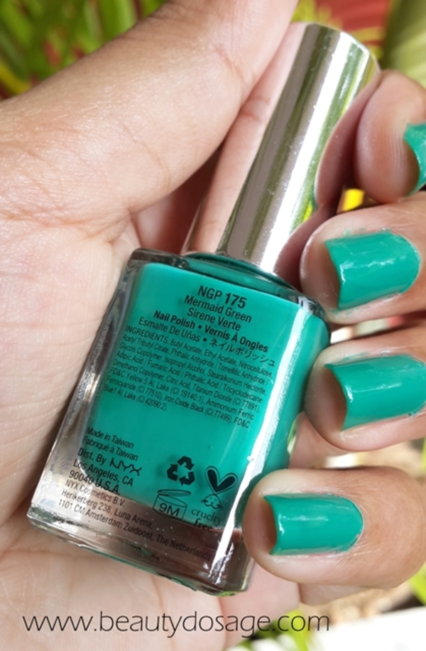 Nail polish swatch / manicure of shade NYX Girls Mermaid Green