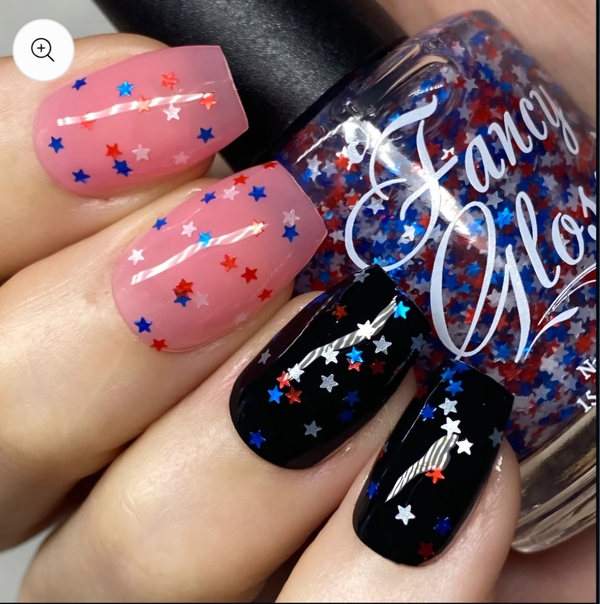 Nail polish swatch / manicure of shade Fancy Gloss Patriotic Mini Stars