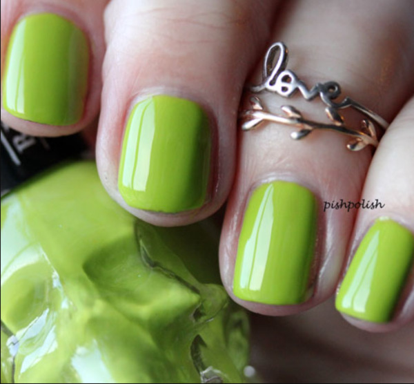 Nail polish swatch / manicure of shade Blackheart Muted Lime Green