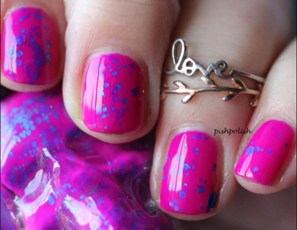 Nail polish swatch / manicure of shade Blackheart Violet with Blue Glitter